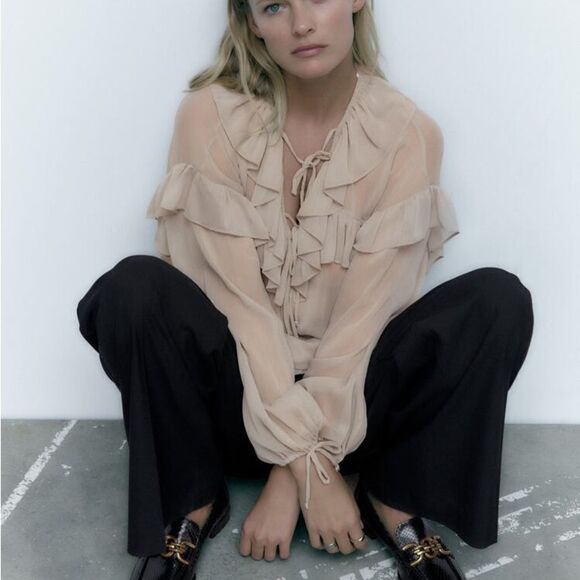 Zara Semi-Sheer Ruffles Blouse New - Picture 5 of 10